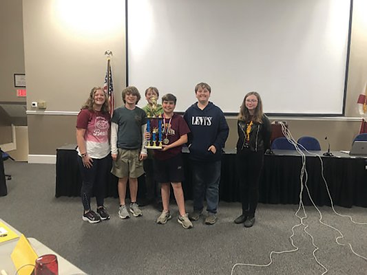 The middle school junior varsity first place trophy went to Central Baldwin Middle School. Team members were from left: Jordan Janey, Jack Courson, Sean Chambless, Kason Jacobs, Luke Chambless and Victoria Chambers.