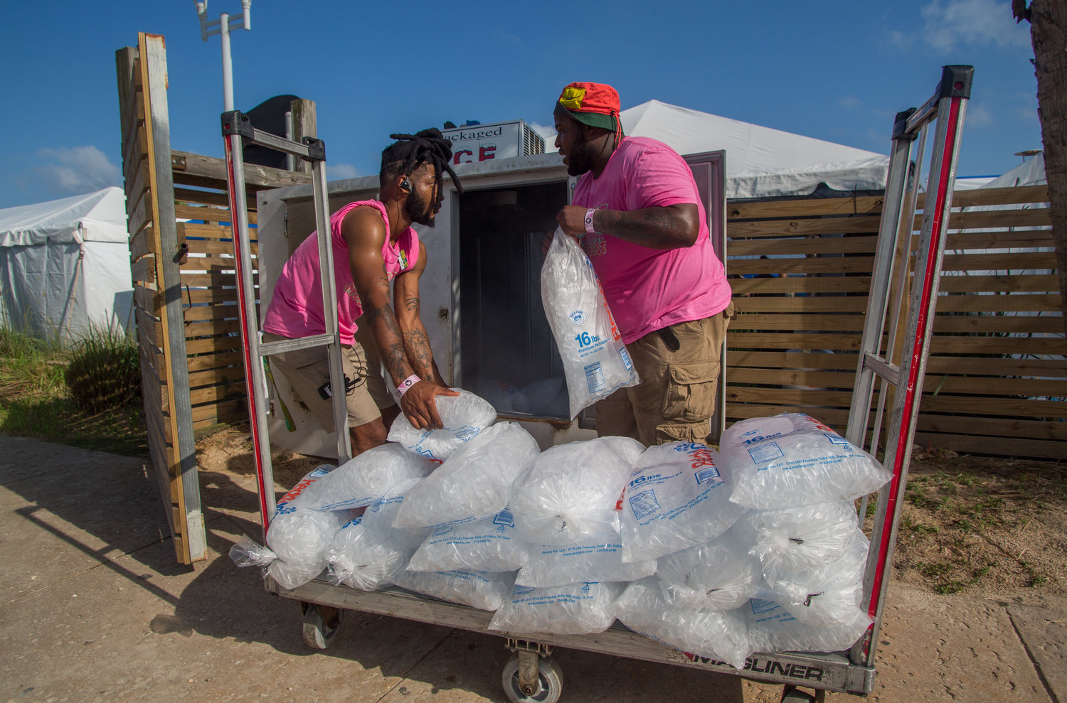 Festival workers stock ice at Hangout Music Festival on Friday, May 20.
