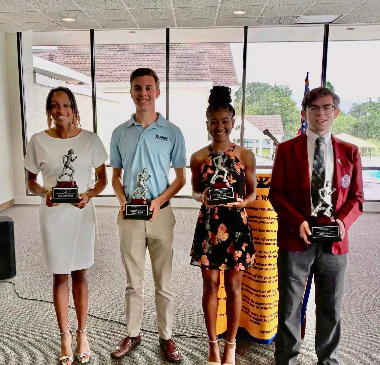 The Mobile Optimist Club recognized Outdoor Track Athletes of the Year and a pair of Baldwin County athletes were honored. Pictured from the left are Mobile Christian’s Ja'Niyah Boykin and Patrick Daves of Bayside Academy (Class 1A-3A) and St. Michael Catholic’s Tia Acker and Joseph Perry of UMS-Wright (Class 4A-5A).
