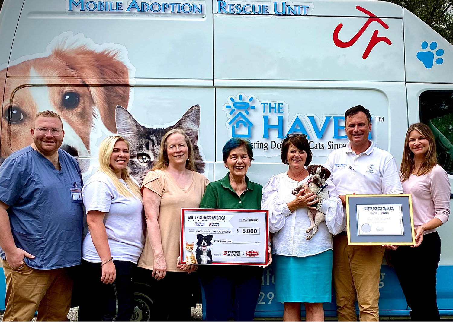 Photo Provided
Mutts Across America recently selected The Haven for Animals in Fairhope as a Top Shelter in the U.S. They also received a $5,000 Mutts Across America Grant. From left are James Tucker, Haven animal care technician; Kasey Cotten, Haven office manager; Stephanie Calhoun, Haven board president; Katherine Ono, Haven vice president; Fairhope Mayor Sherry Sullivan; Michael Graham, Haven executive director; and Jenny Williams, Haven board member.
