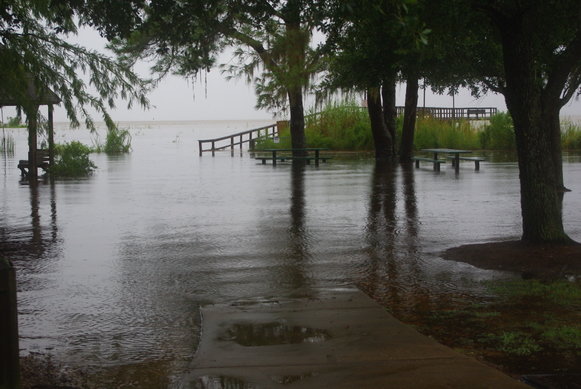 Bayfront Park in Daphne is flooded during Hurricane Ida in 2021. Baldwin County is working with state and federal officials to prepare an updated hurricane evacuation plan.