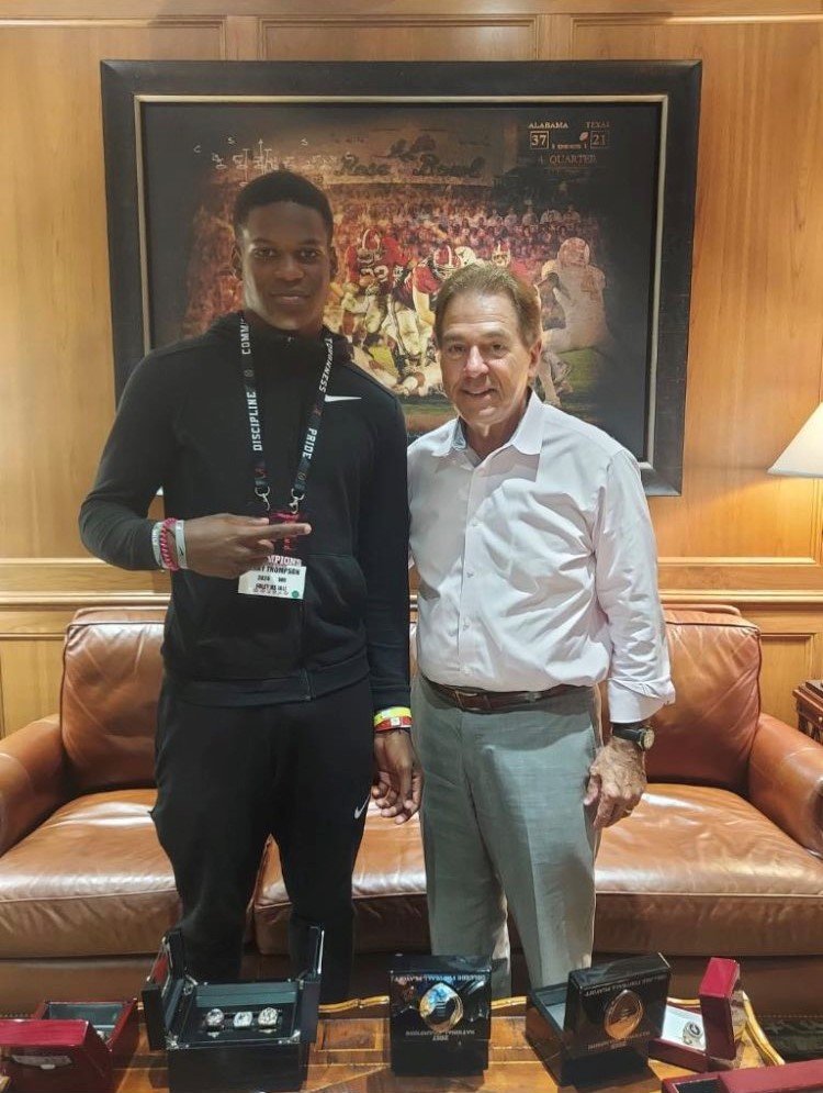 Foley wide receiver Perry Thompson poses with Alabama Head Coach Nick Saban. After earning an offer following prospect camp, Thompson announced his commitment to the Crimson Tide Friday afternoon.