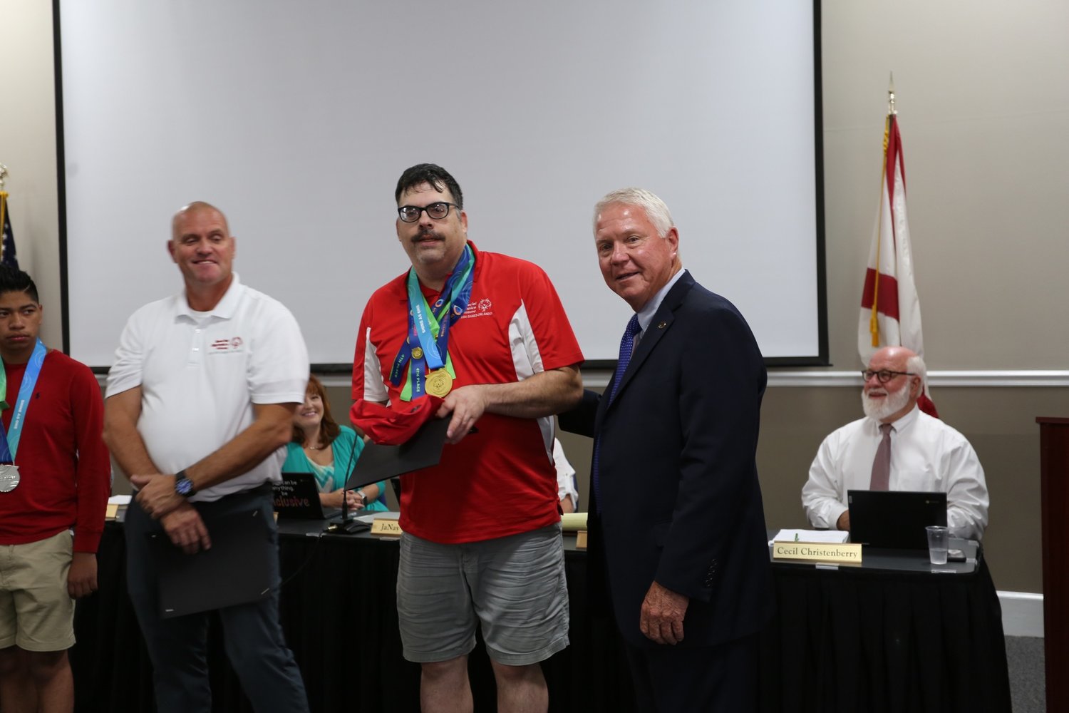 Jerry Wise returned to Baldwin County with a gold medal and three fourth-place medals after he registered a total weight of 237.5 pounds in the powerlifting competition during the USA Games in Orlando earlier this month. He was recognized at the June 23 meeting of the Baldwin County Board of Education.