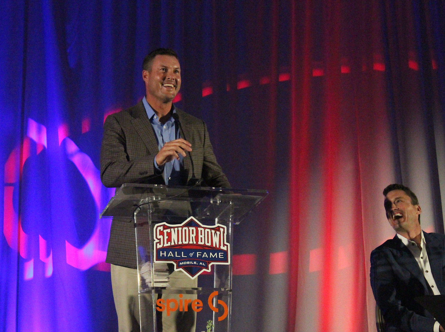 St. Michael Catholic Head Football Coach Philip Rivers cracks a joke during his induction speech at the 2022 Senior Bowl Hall of Fame ceremony in Point Clear Sunday night. Rivers was part of the 33rd Hall of Fame class that was inducted June 26.