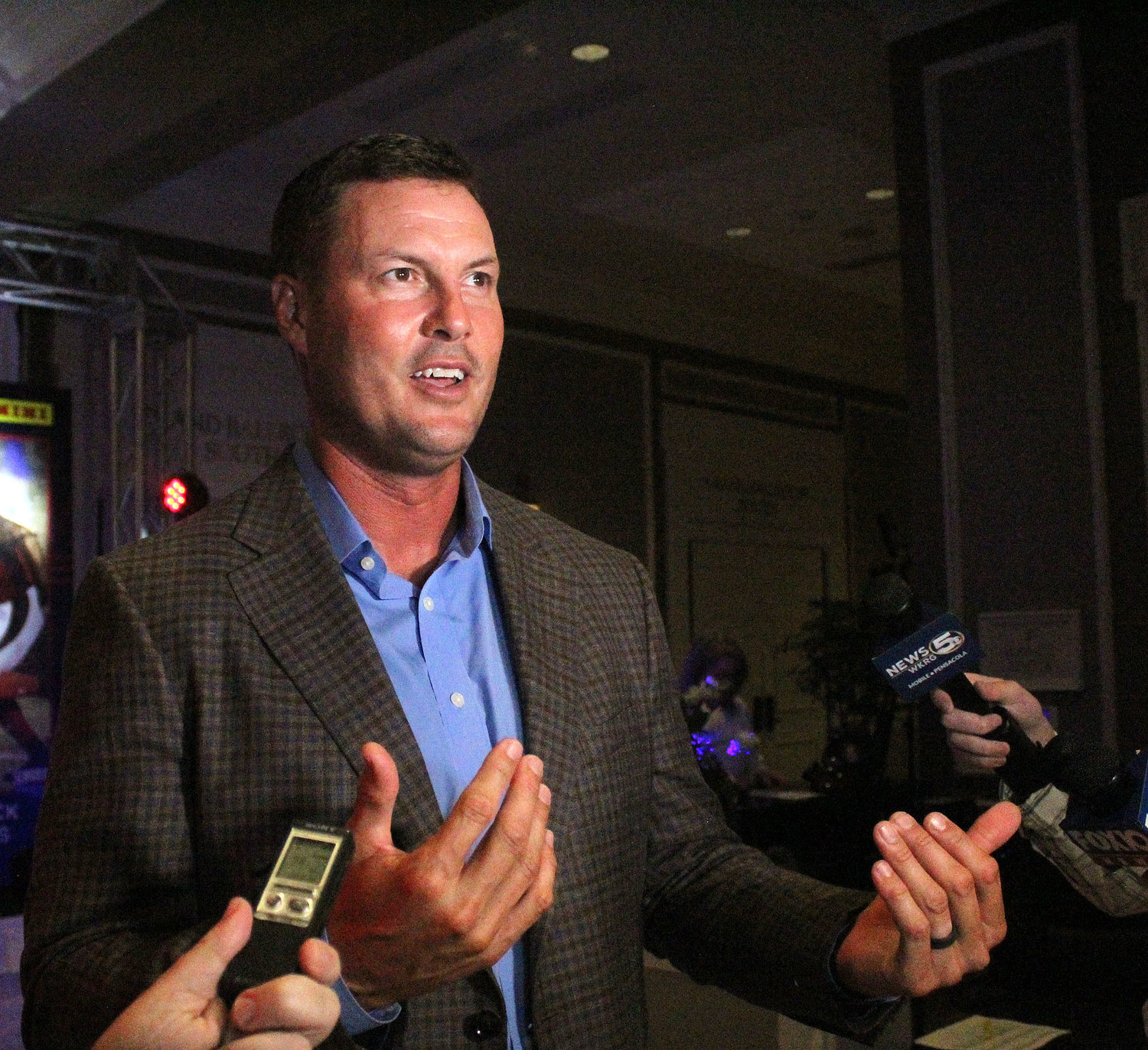Philip Rivers meets with the media ahead of the Senior Bowl Hall of Fame induction ceremony at the Grand Hotel Golf Club & Spa in Point Clear Sunday night, June 26. The St. Michael Cardinals’ Head Football Coach was joined in the class by other NFL legends Kevin Faulk, Patrick Willis, Von Miller and Dak Prescott.