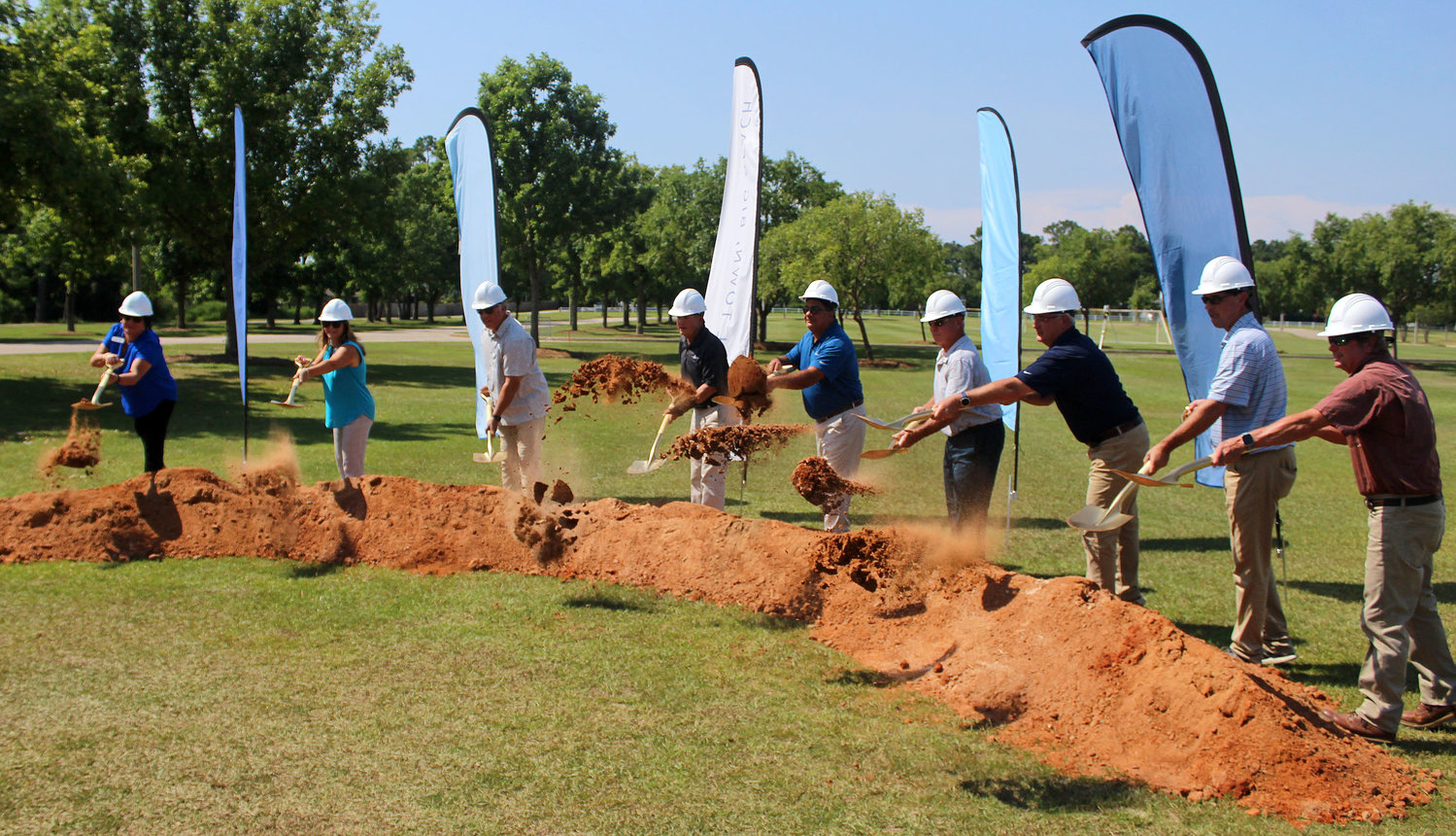 The City of Gulf Shores and Gulf Shores | Orange Beach Sports & Events hosted a groundbreaking ceremony Wednesday, June 22, to kick off construction on 12 pickleball courts next to Mickey Miller Blackwell Stadium at the Gulf Shores Sportsplex. Pictured from the left are Michelle Russ, Beth Gendler, Glen Kaiser, Robert Craft, Phillip Harris, Gary Sinak, Grant Brown, Seawell McKee and Jeff Nichols.