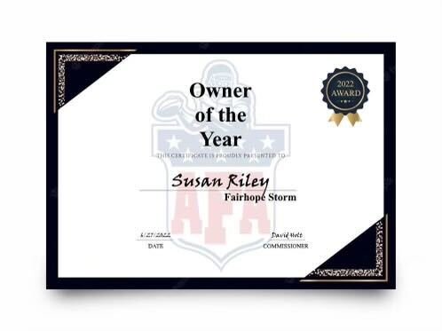 Fairhope Storm Owner Susan Riley was chosen as the American Football Alliance’s Owner of the Year for the 2022 season. The Storm finished 10-1 overall and fell one step shy of the league championship in their third year of operation.