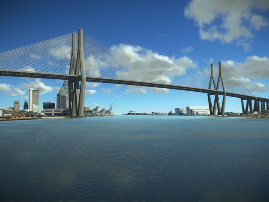 An artist's conception shows the proposed bridge over the Mobile River. The cost to build the bridge and replace the Interstate 10 Bayway has risen to $2.7 billion, according to state estimates.