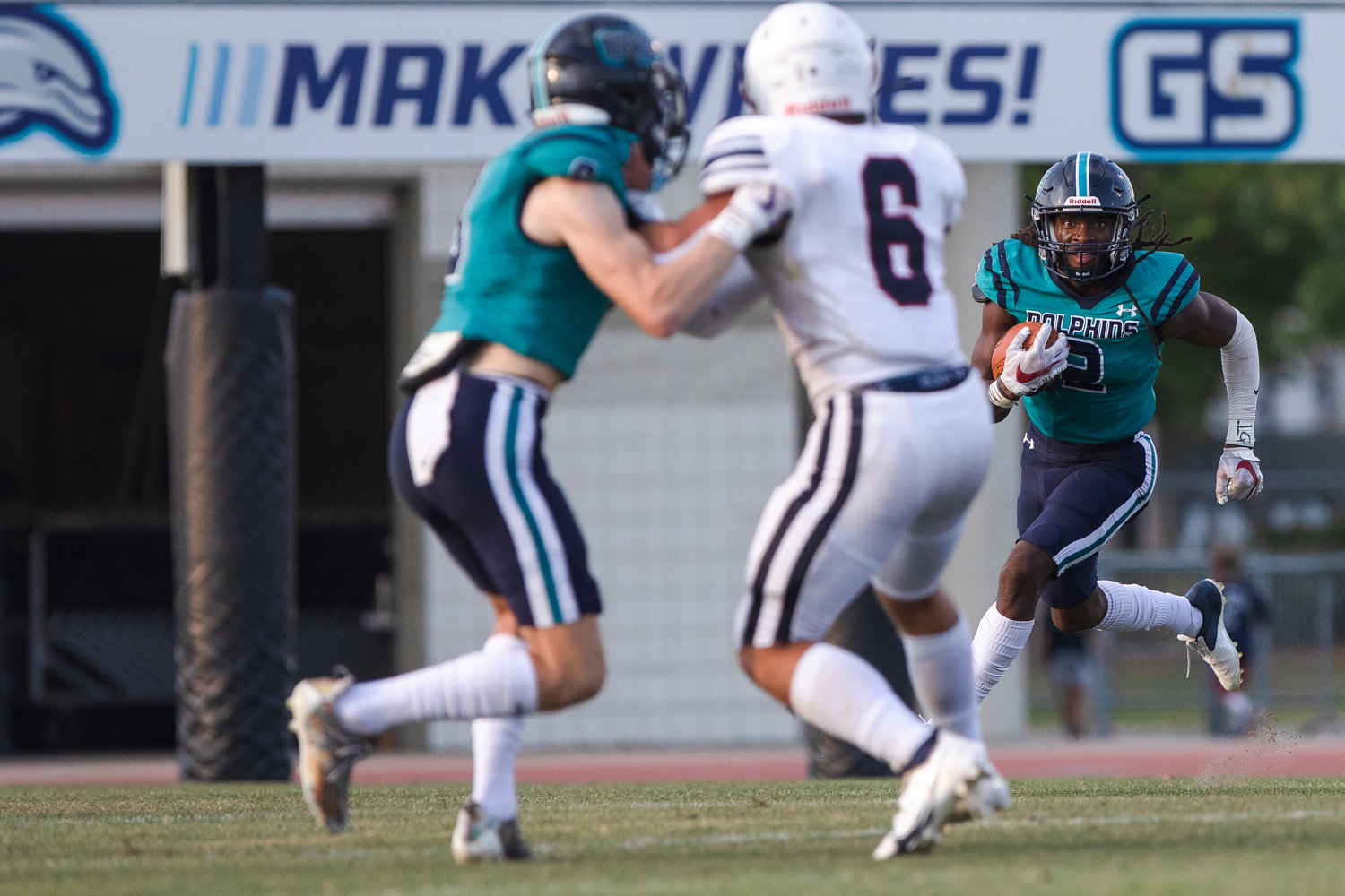 Gulf Shores running back Ronnie Royal looks for a block on the edge during the Dolphins’ Spring Game against Haralson County at the Sportsplex May 13. Royal was recently ranked the 27th athlete prospect in the country for the Class of 2024 on ESPN junior 300’s list.
