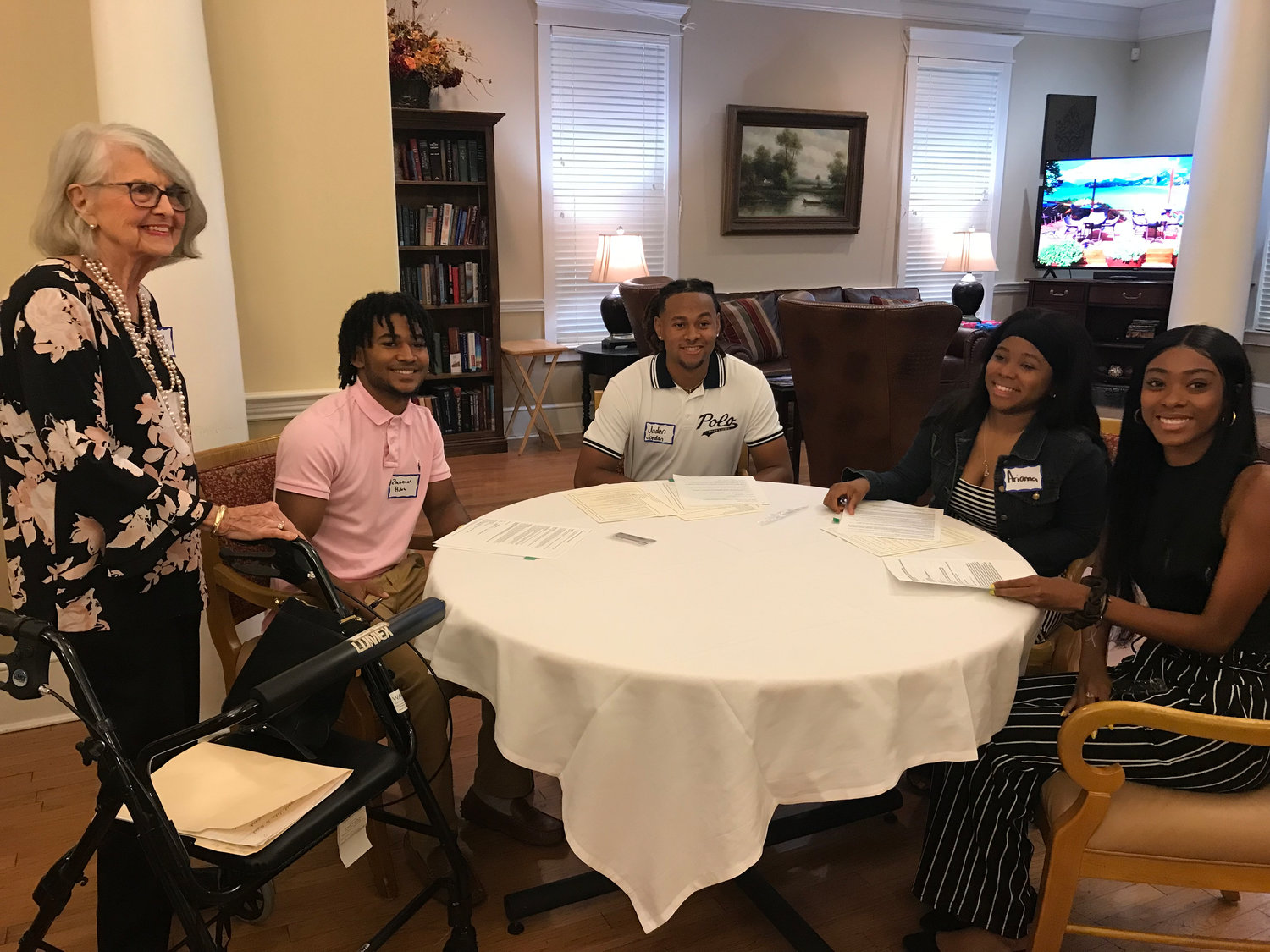 Pictured here, from left: Ms. Daisy Seale Moore, Zachariah Hixon, Jaden Jordan, Arianna McWilliams and Kendall Kittrell. Four $1,000 scholarships were awarded to local minority education students through the Ms. Daisy Seale Moore Minority Educator’s Fund. The four students have signed letters of intent to teach in Baldwin County upon their graduations.