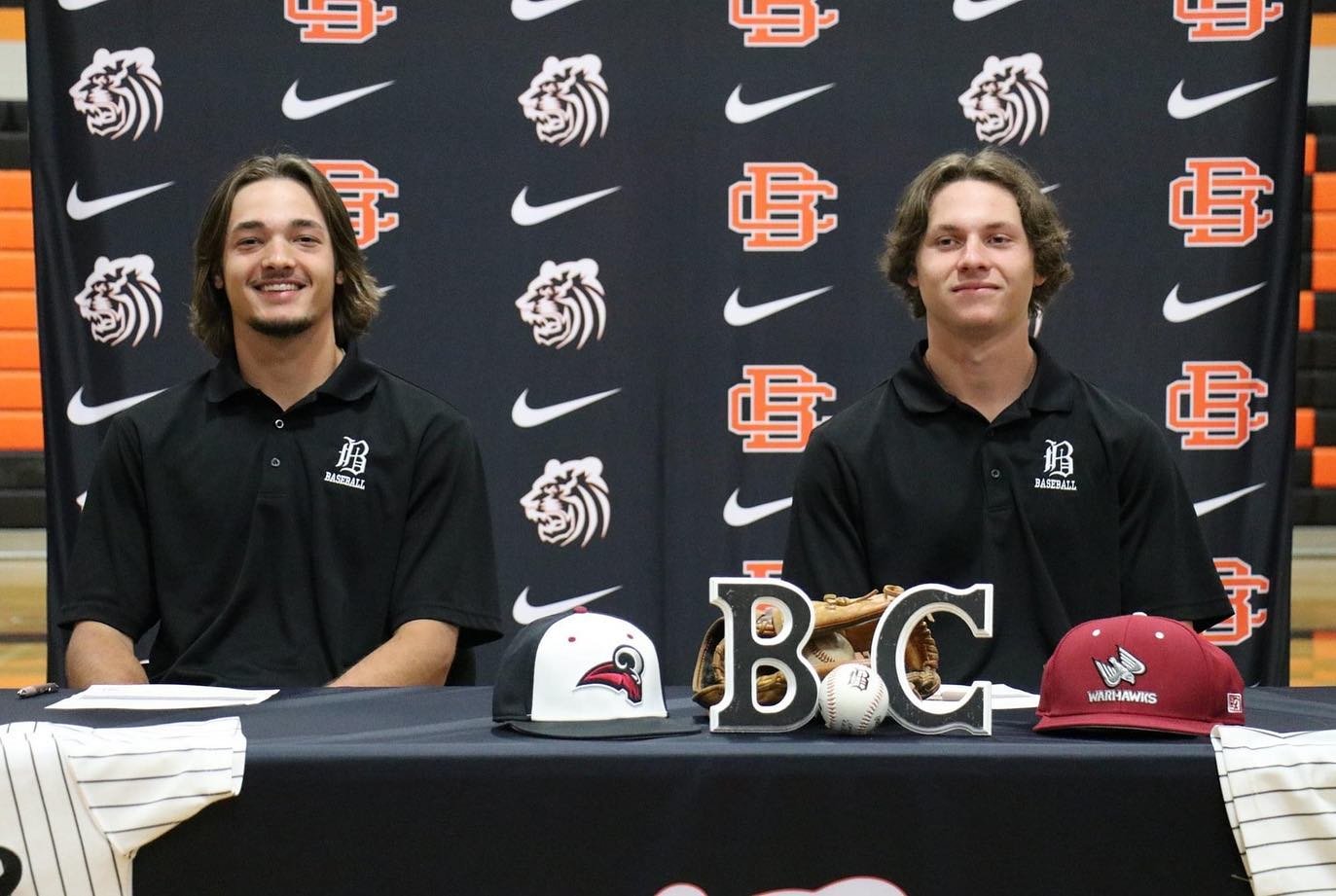 Reece Buck (University of Mobile) and Justin Brunson (Coastal Alabama-East) pose for a picture during an April 28 signing ceremony where the pair of Baldwin County Tigers solidified extending their baseball careers. The duo was among 29 local student-athletes recently named to all-academic teams by the Alabama Baseball Coaches Association.