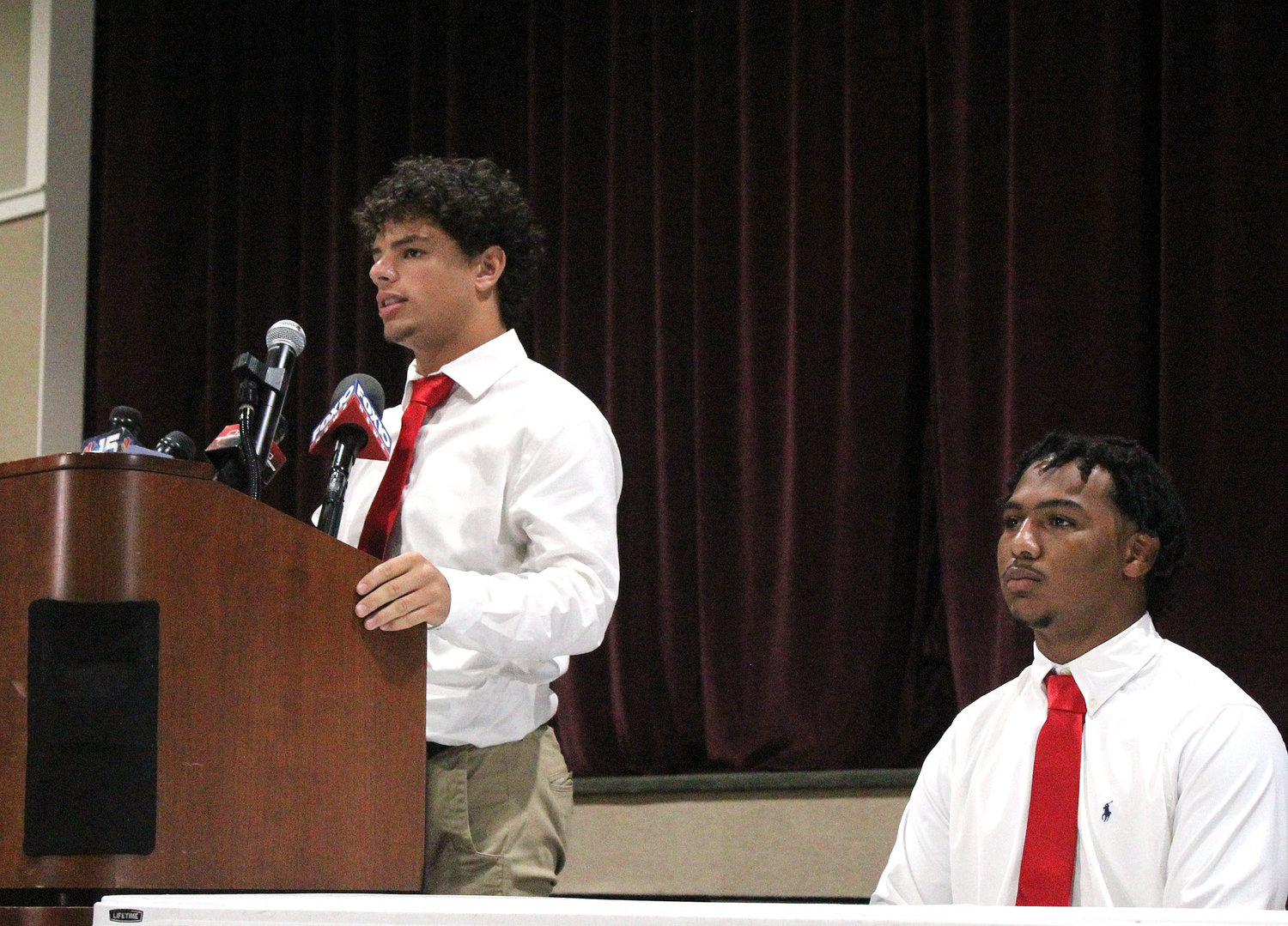 Spanish Fort Toros Josiah Hixon and Jake Godfrey met with members of the press during the Baldwin County Media Day event in Trojan Hall at Daphne High School last Wednesday, July 13.