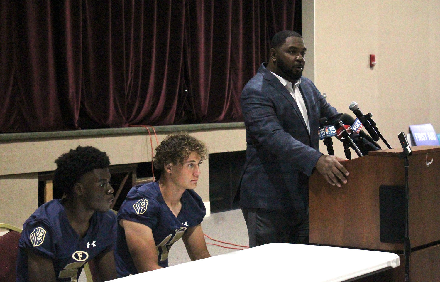 Harrison Knight (3), Reece Tynes (10) and head coach Deric Scott represented the Foley Lions at July 13’s Baldwin County Media Day event at Daphne High School.
