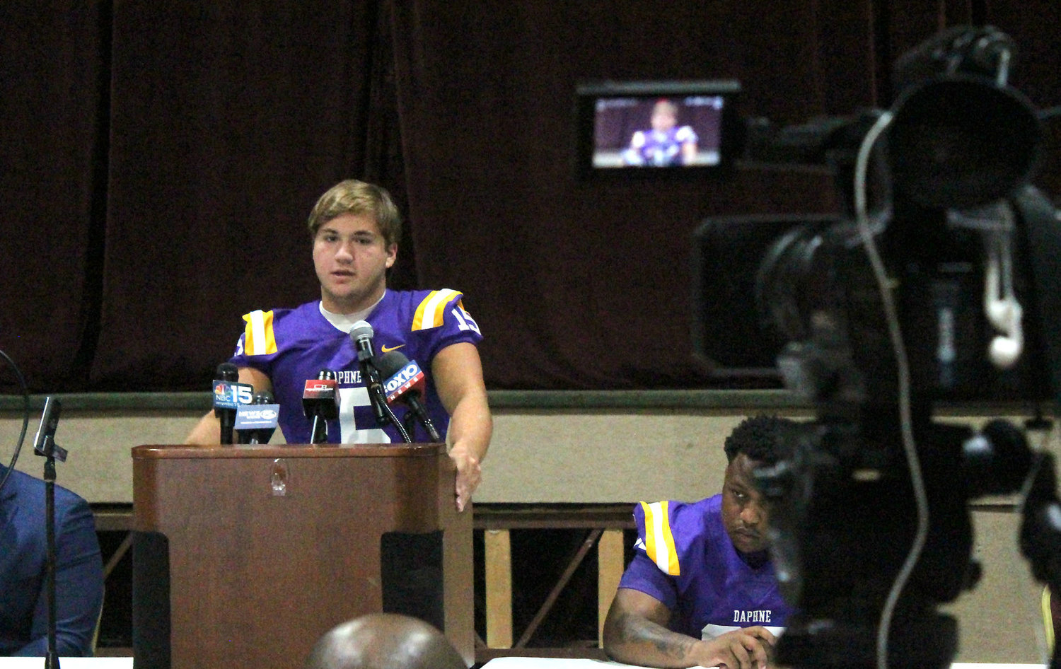 Daphne senior Garrett Childress was one of the local football players who answered questions from reporters in Trojan Hall during the Baldwin County Media Day event July 13.