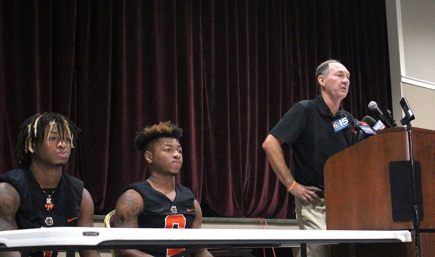 Ky McNulty (3) and DJ Jackson (9) joined head coach Scott Rials in representing the Baldwin County Tigers at the 2022 Baldwin County Media Day at Daphne High School last Wednesday, July 13.
