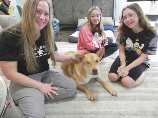 Forest with his adopted family, Dana Lee Davis and her daughters, Lucy, 14, (holding Bob the cat) and Halen, 13.