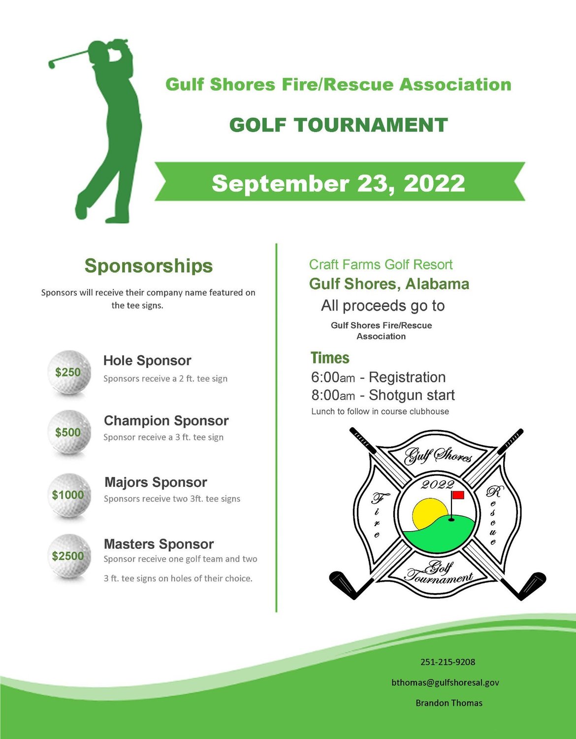 Wondering how you can help? Become a sponsor for the Gulf Shores Fire/Rescue Association's second annual Golf Tournament Sept. 23 or put together a four-person team to play. Contact Brandon Thomas at bthomas@gulfshoresal.gov or (251) 215-9208