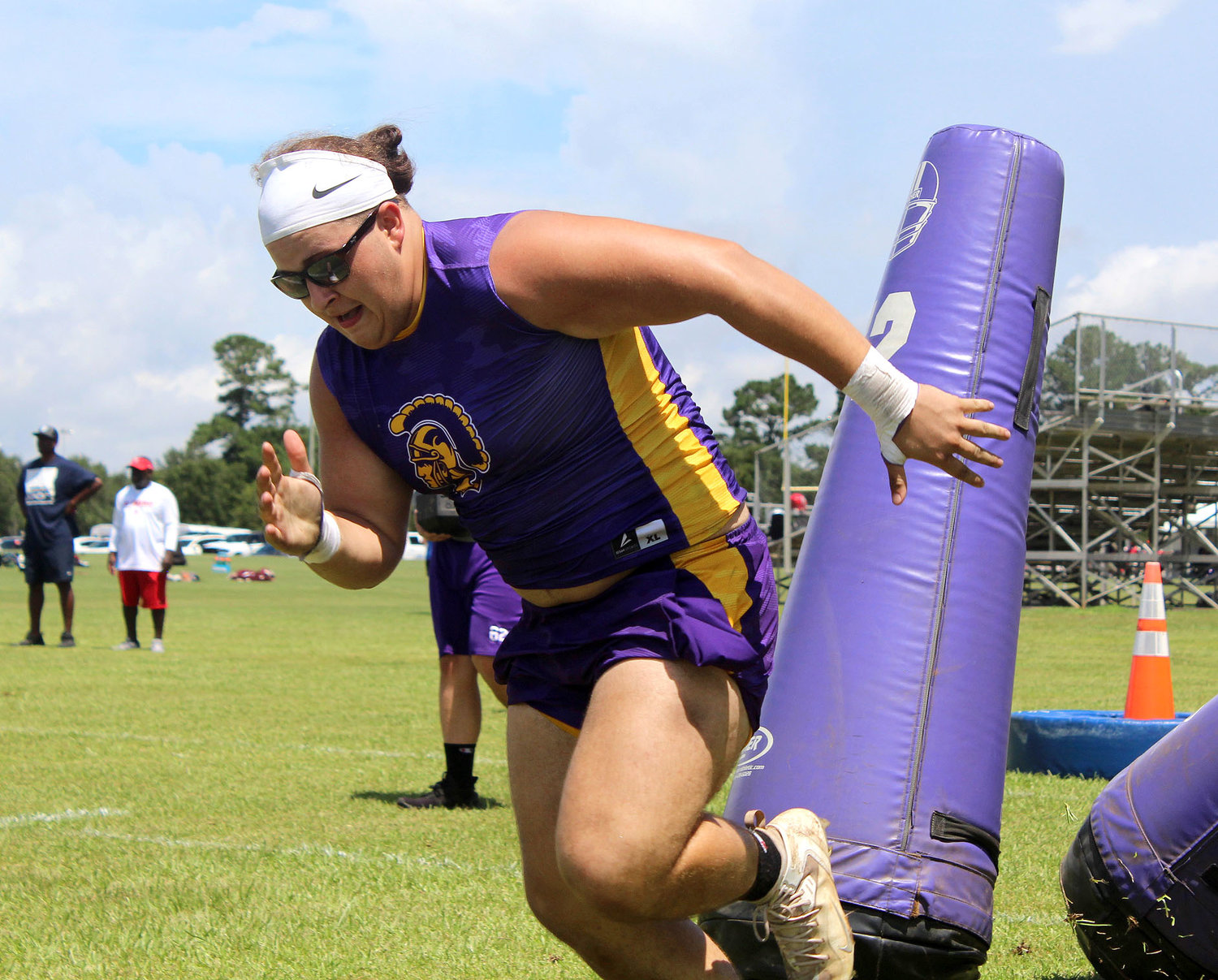 Daphne senior Kamdyn McAdams sprints toward the finish line to complete his leg of the obstacle course during the Jubilee City Big Man Tournament at the Al Trione Sports Complex last Thursday.