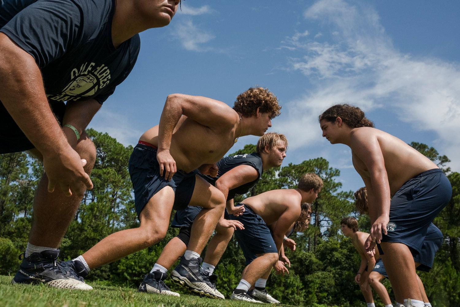 Dolphins get after it in the trenches during Gulf Shores’ summer practice last Wednesday, July 20.