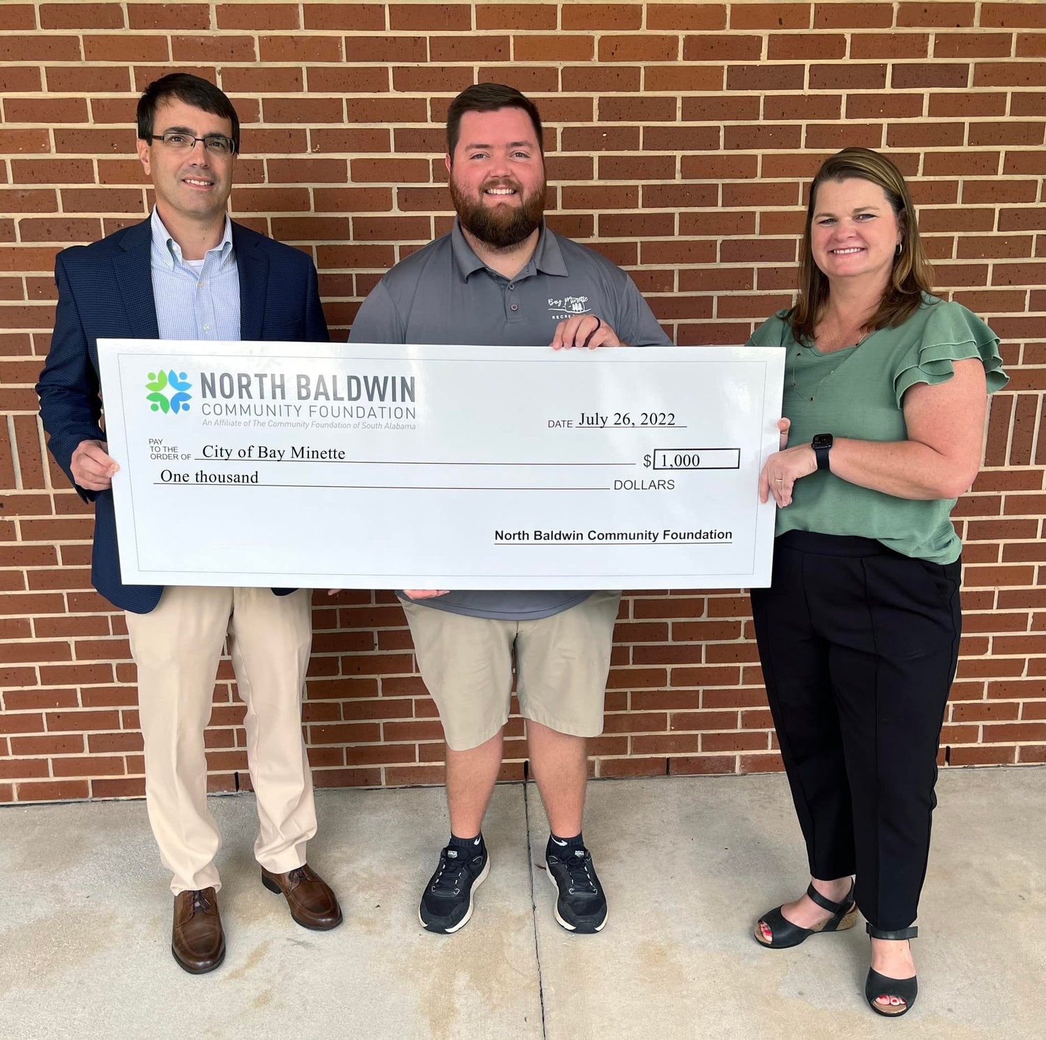 The North Baldwin Community Foundation, an affiliate of the Community Foundation of South Alabama, donated $1,000 to help kick off the Bay Minette Recreation Department’s inaugural Flag Football season this summer.