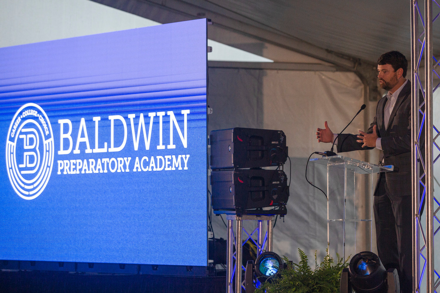 Lee Lawson, President of the Baldwin County Economic Development Alliance, gives opening remarks at the Baldwin Prep Academy groundbreaking.