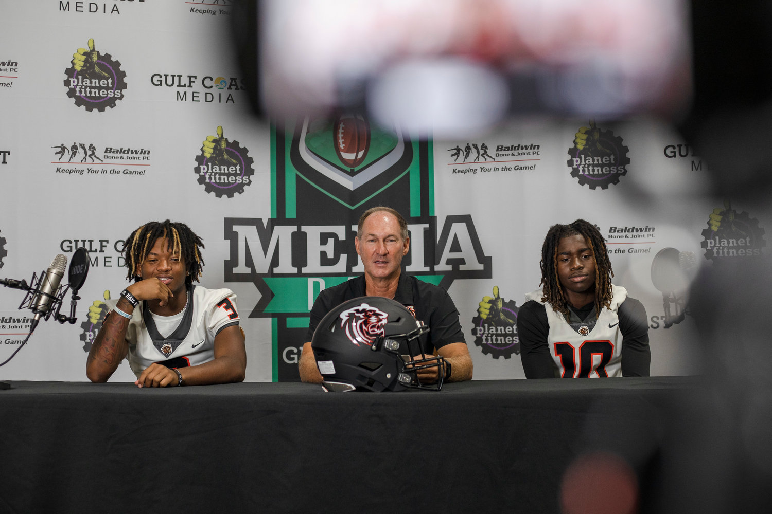 The Baldwin County Tigers were represented at the inaugural Gulf Coast Media Day by receiver Ky McNulty (3), head coach Scott Rials and DJ Baker (10) Aug. 16 in Orange Beach. Baldwin County hosts the Foley Lions in non-region play this Friday night.
