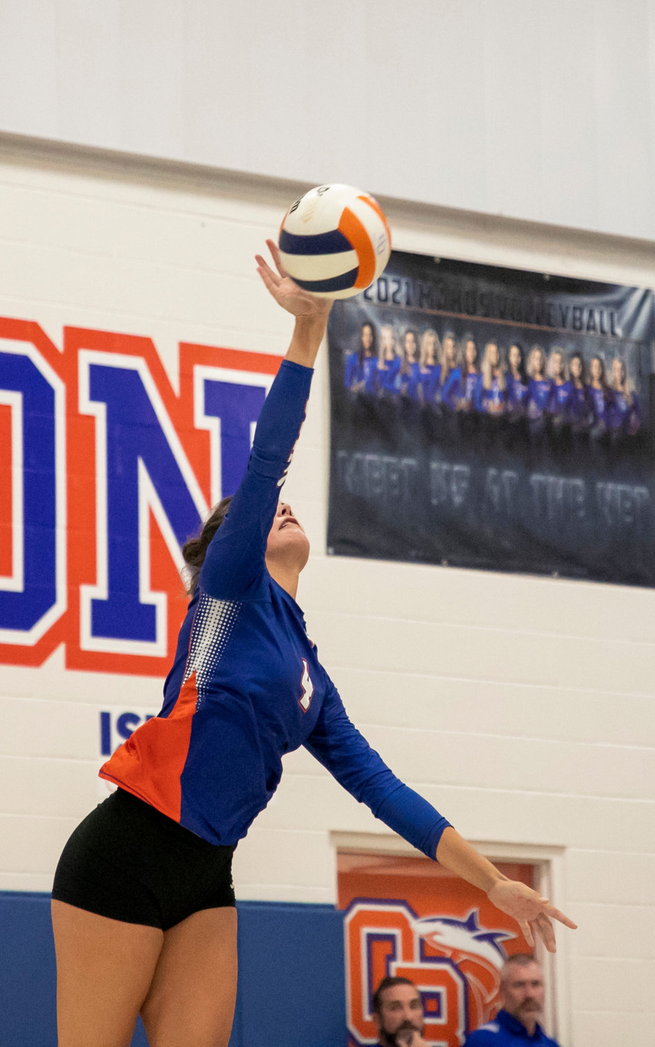 Orange Beach junior outside hitter Amelia Edgeworth connects on a serve Thursday night in tri-match action against the Gulf Shores Dolphins at home.