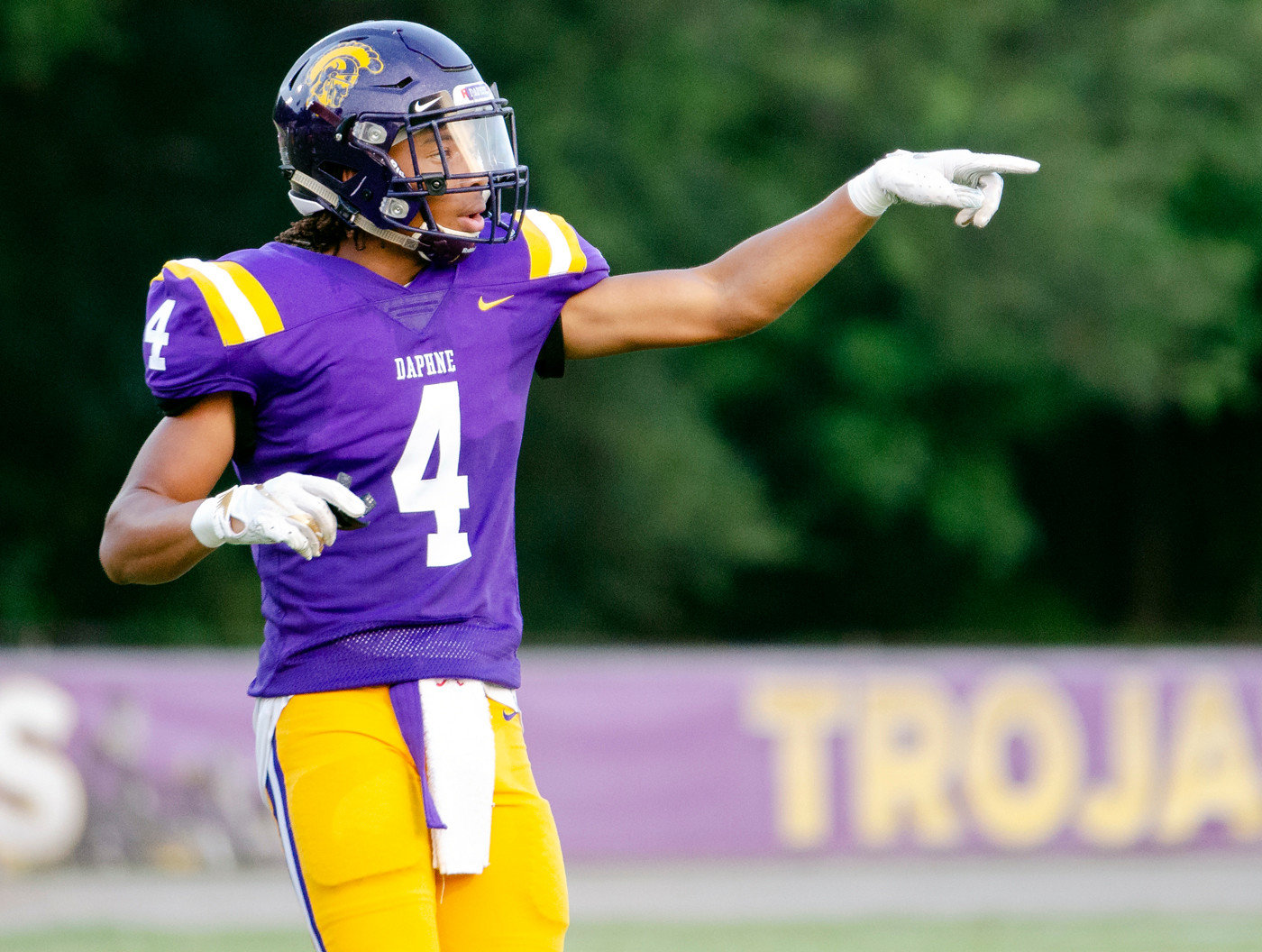 Daphne defensive back Christian Williams gestures to sideline during the Trojans’ 40-6 win over B.C. Rain at home Sept. 14, 2018. Williams is among a slew of former Baldwin County standouts holding college roster spots ahead of the season’s kickoff this weekend.