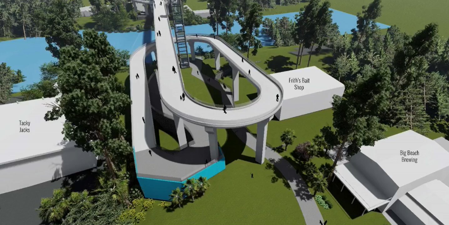 Gulf Shores plans to build a pedestrian bridge over the Intracoastal Waterway east of the Dr. W.C. Holmes Bridge. The lane now used by pedestrians and bicyclists on the Holmes bridge will be used for a third southbound vehicle lane on Alabama 59.