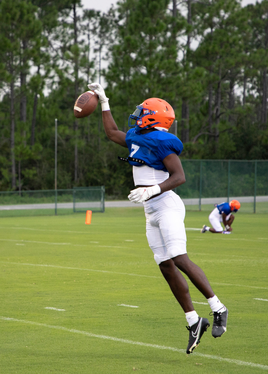 Orange Beach senior Chris Pearson fields a punt in warmups ahead of the Makos’ intrasquad scrimmage Aug. 12 at the Sportsplex. Orange Beach hosts its first regular season home game Friday against Jackson in the region opener.