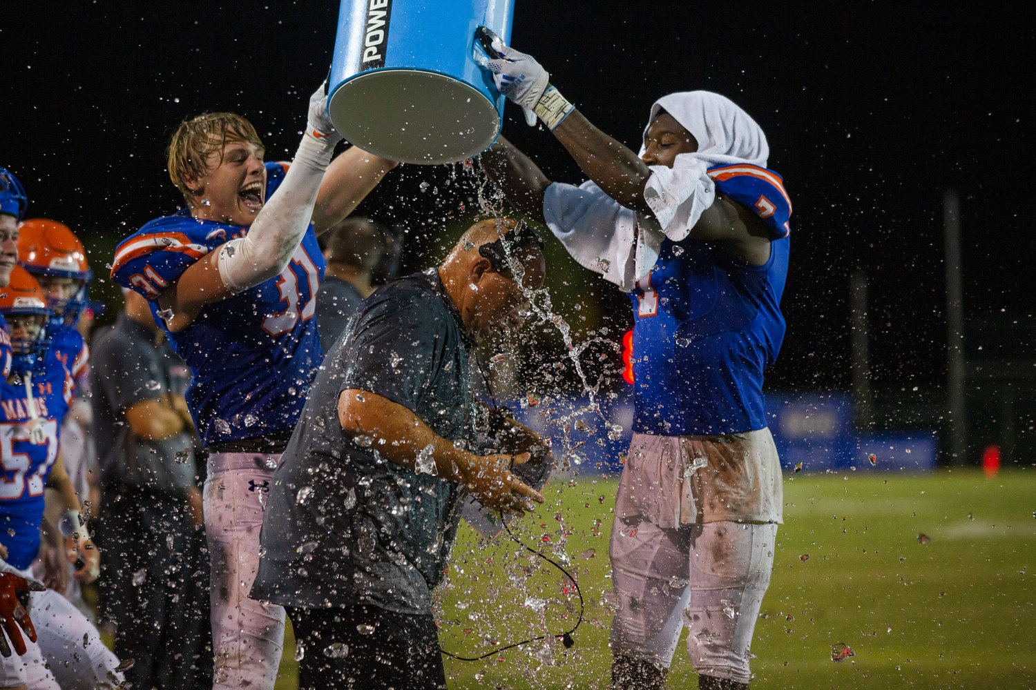 Mako football players dump a water cooler on first-year head coach Jamey DuBose after the squad’s first home win Sept. 2 over Jackson at the Orange Beach Sportsplex. The Makos went on to host a second straight first-round playoff game as one of seven teams to punch a postseason ticket in 2022.