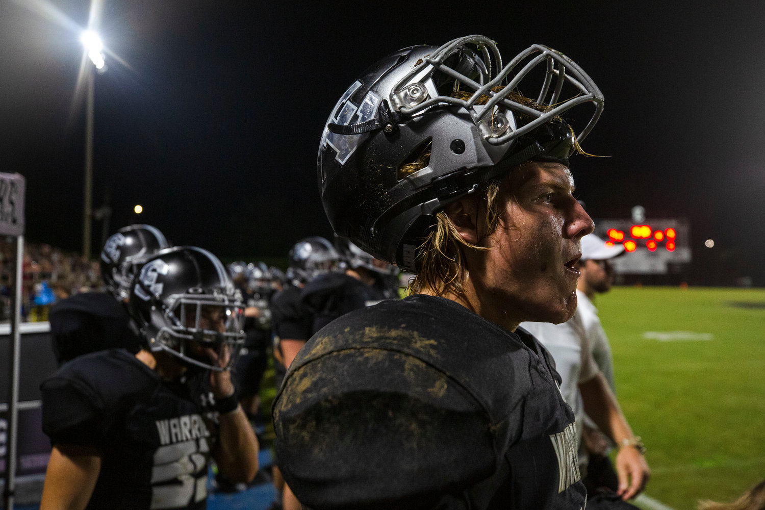 Elberta's Holden Crook looks on during the Warriors' season-opening game against Bayside Academy at home Aug. 19. Ahead of impending storms this Friday, Elberta's Week 4 home game was moved to Thursday, Sept. 8.