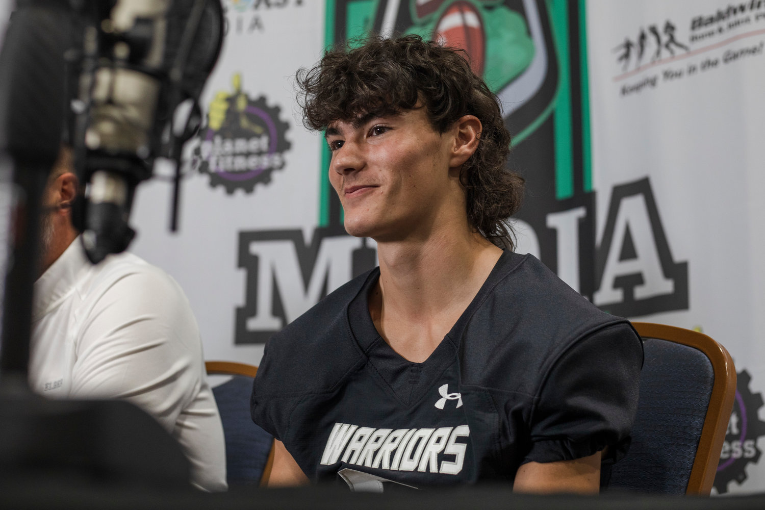 Quarterback Hunter Powers was among the Elberta Warriors’ representatives who answered questions during the first-ever Gulf Coast Media Day at the Orange Beach Event Center Aug. 16. This Thursday, Elberta returns home for the first time since its season-opening game.