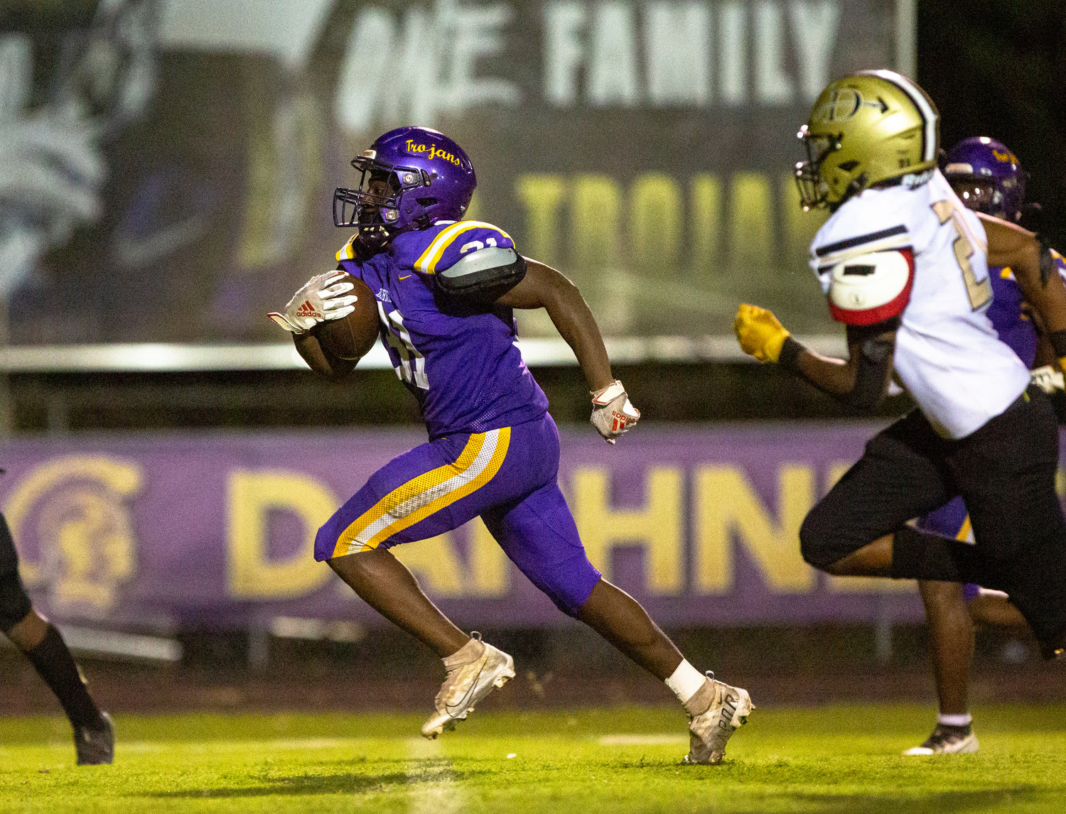 Trojan senior Michael Scott eyes the end zone on his second-half rushing touchdown that helped Daphne down Davidson 40-21 in region play Friday night at Jubilee Stadium.