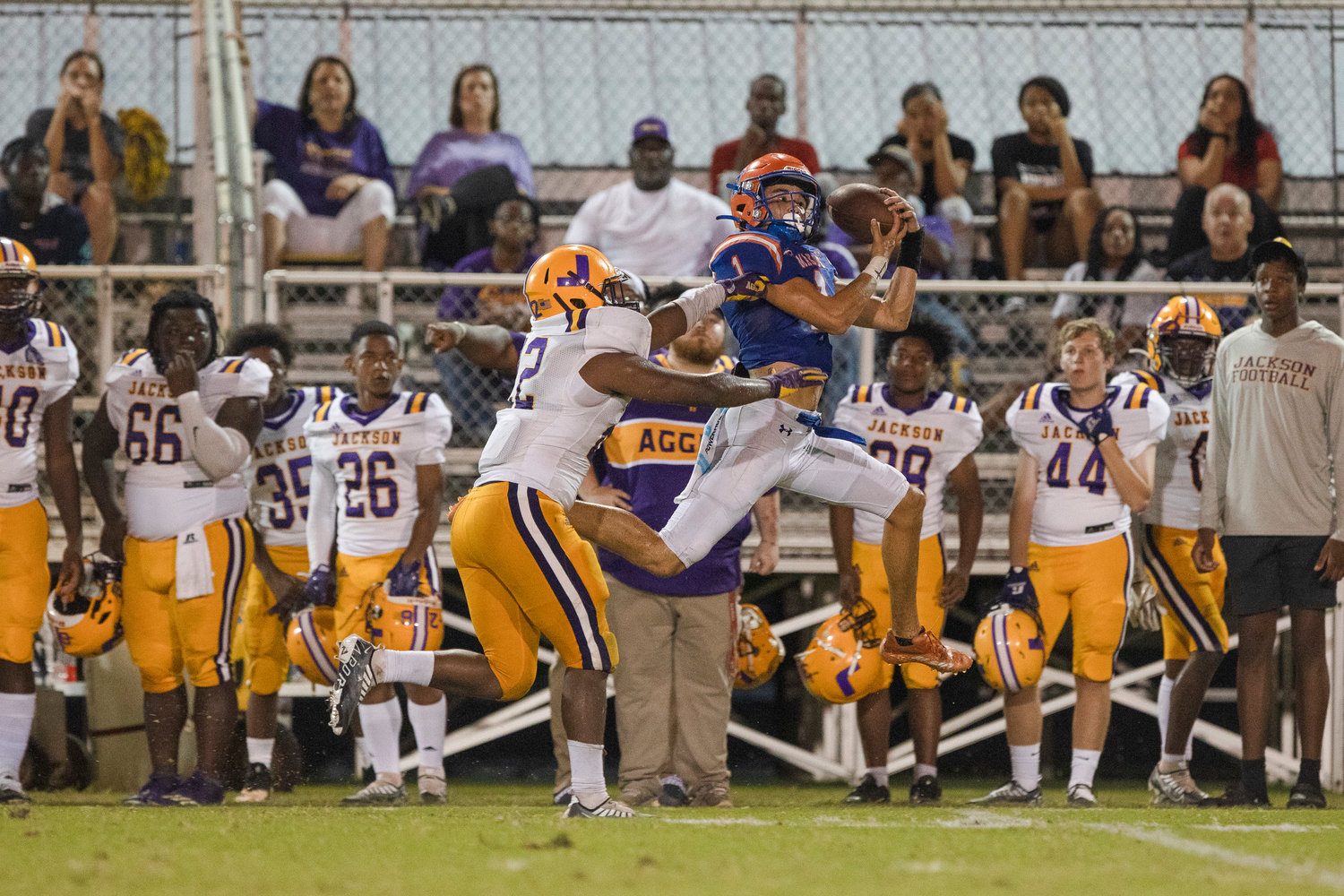 Orange Beach athlete John Wallace Holladay looks in a catch in the Makos’ Sept. 2 region game against Jackson at home. Last week, Holladay caught three of Cash Turner’s four passing touchdowns in Orange Beach’s 37-12 win over Satsuma on the road.