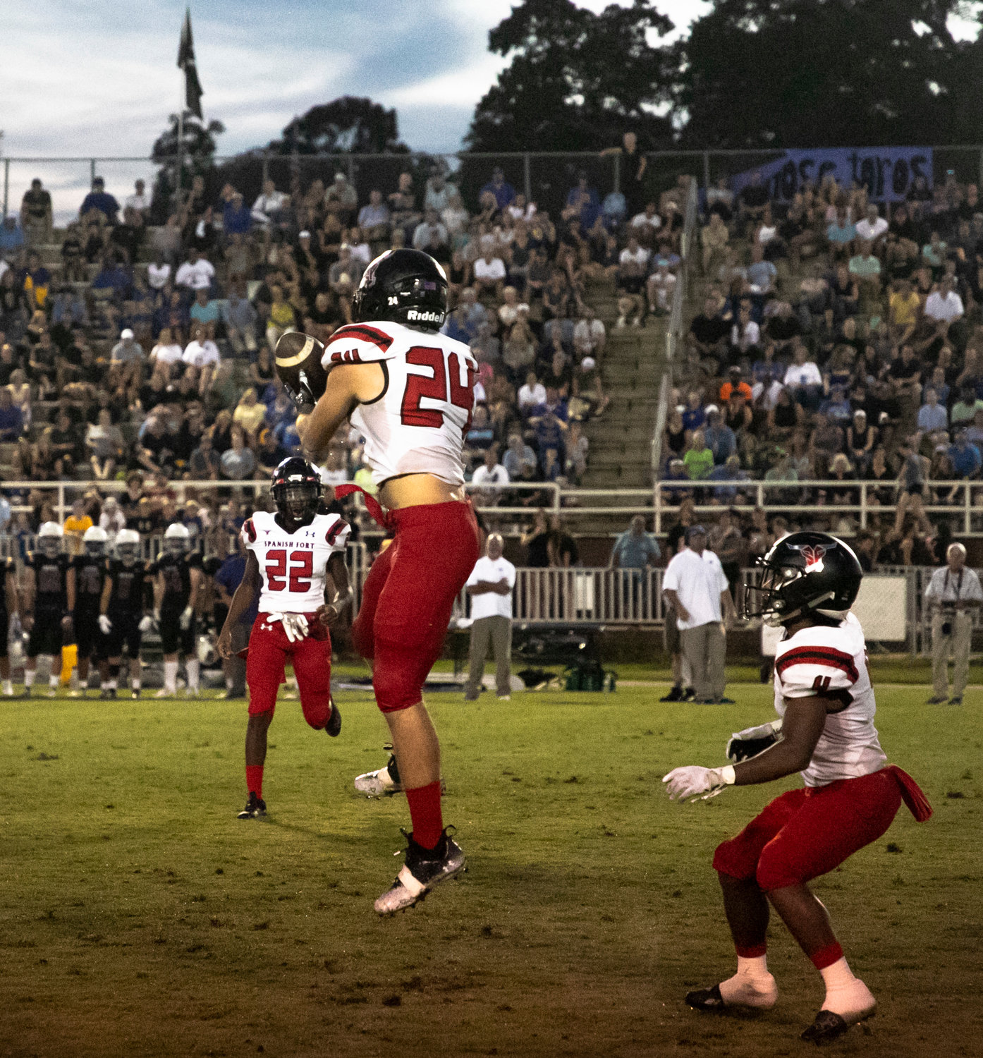 Spanish Fort senior Anthony Passerelli leaps to down a punt in the first half of the Toros’ season-opening away game against the Fairhope Pirates Aug. 19. Spanish Fort is set to host No. 5 Theodore this Friday at home.