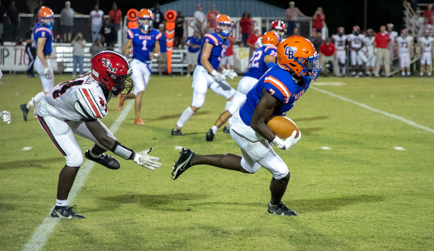 Mako senior Chris Pearson breaks off a long kickoff return against the T.R. Miller Tigers in region action at home Sept. 16. Pearson capped Orange Beach’s opening drive with a one-yard touchdown rush to open the scoring.