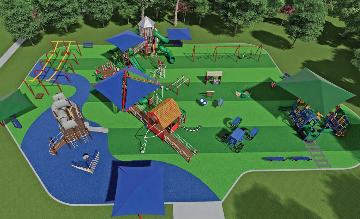 A drawing shows one of the two options for the new Kids Park to be built in Foley. Residents can vote on two options, one with a nature theme and the other showing aspects from Foley's history, such as farming and boating.