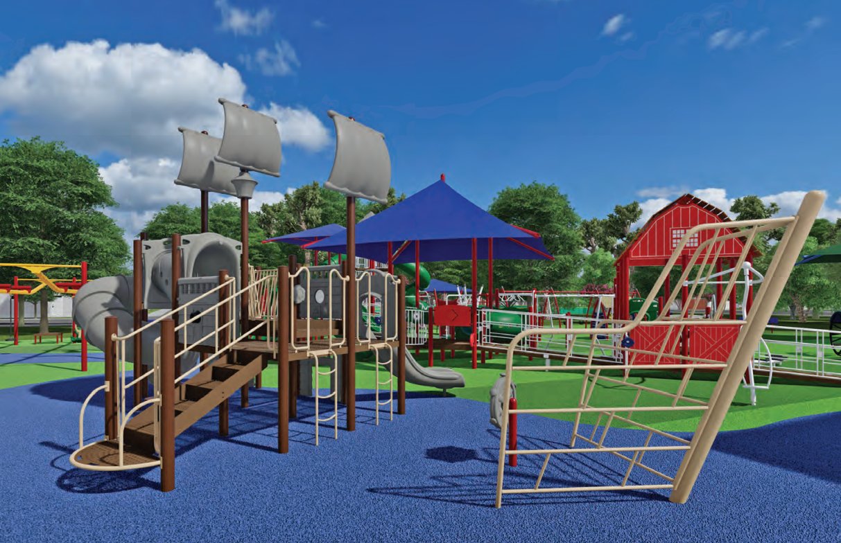 A drawing shows one of the two options for the new Kids Park to be built in Foley. Residents can vote on two options, one with a nature theme and the other showing aspects from Foley's history, such as farming and boating.