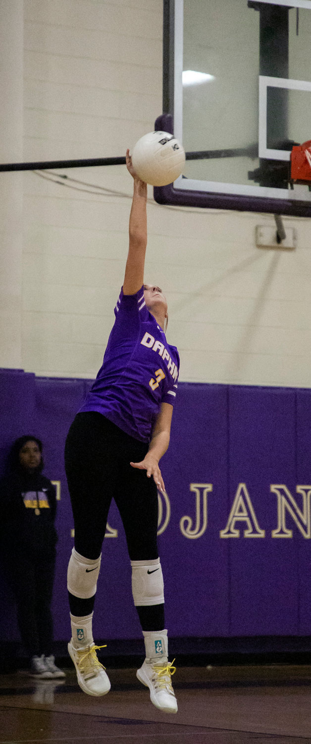 Daphne junior setter Lucy McCoy connects on a first-set serve in area action at home against the McGill-Toolen Yellow Jackets Tuesday night, Sept. 20.