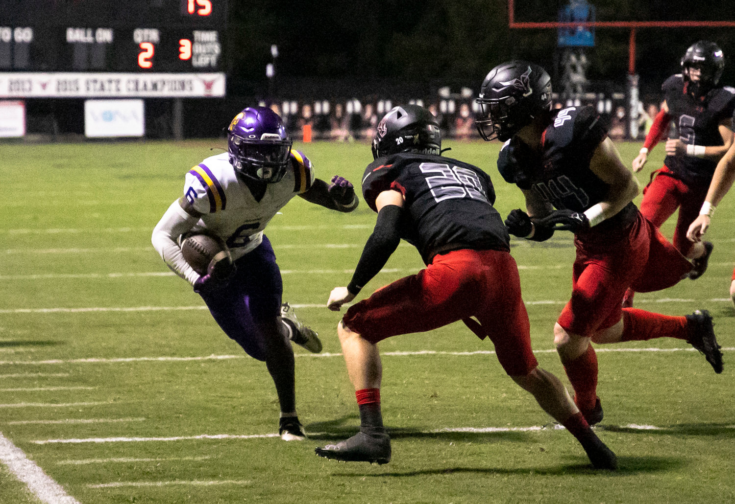 Daphne senior Stephon Blackshear makes a move on the outside after a first-half catch against the Spanish Fort Toros in non-region action Friday night at Spanish Fort Stadium. Blackshear ran for a 12-yard touchdown and caught an 11-yard passing score in the second quarter to give the Trojans an early 15-0 lead on the road.