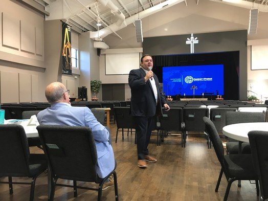 Brent Panell, a founder of the cybersecurity company ControlAltProtect, speaks to members of the Eastern Shore Chamber of Commerce. Panell said many businesses and individuals will face cybersecurity threats.