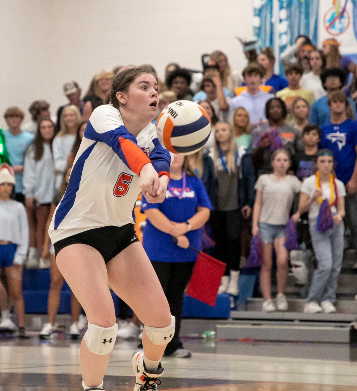 Orange Beach senior Leyni Young records a dig during the Makos’ tri-match against the Gulf Shores Dolphins at home Aug. 25. Orange Beach was the 24th-ranked team in MaxPreps’ updated state rankings entering the final week of the regular season.