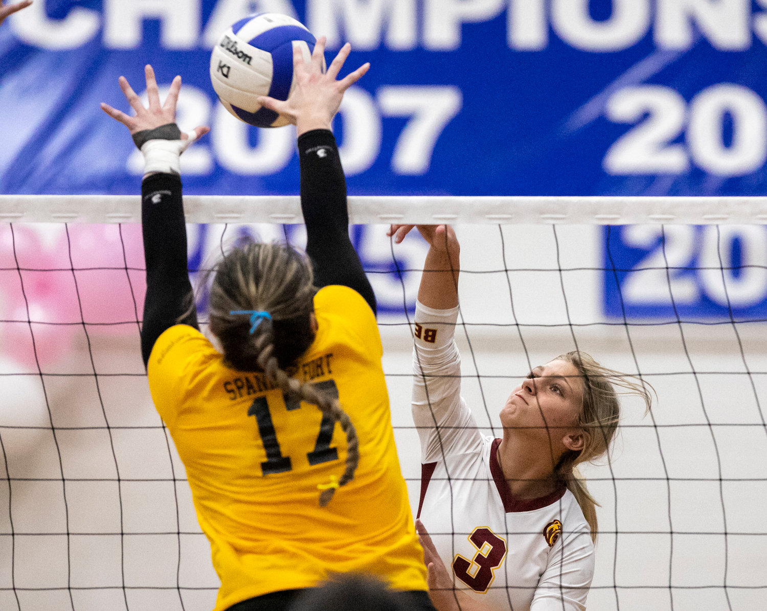 Robertsdale junior Madilyn Tatum attacks at the net during the Golden Bears’ semifinal match against Spanish Fort in the Class 6A Area 2 tournament Thursday night at Bayside Academy.