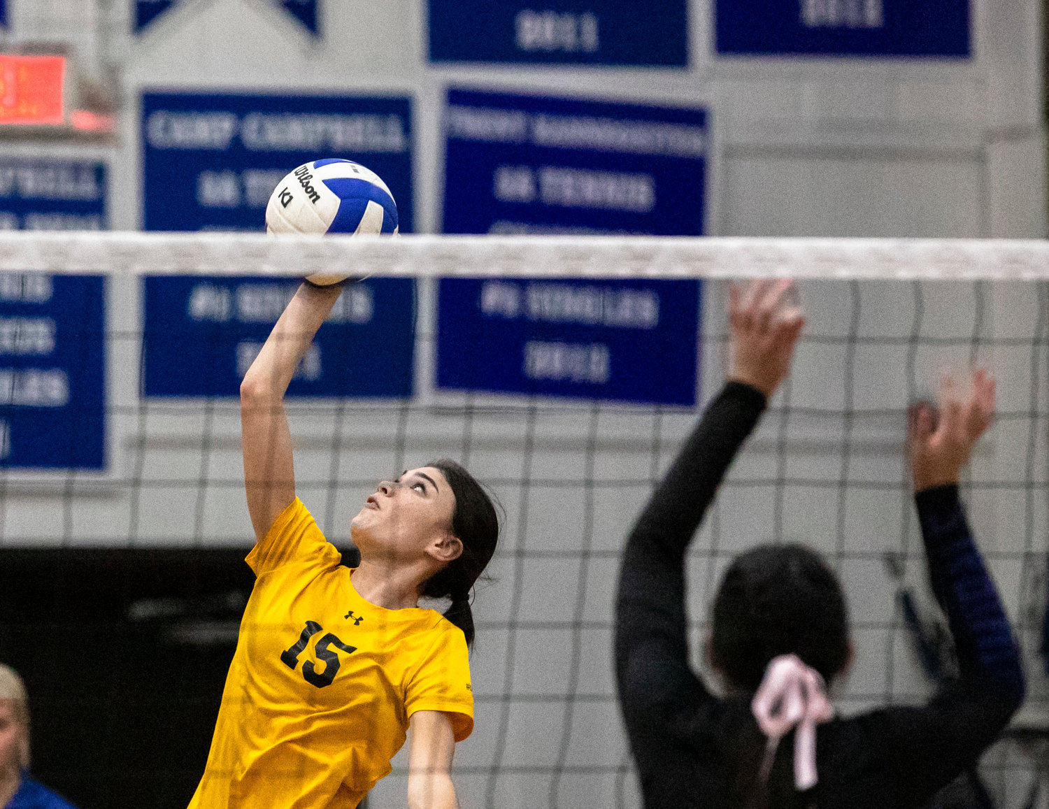 Spanish Fort junior Mary Madison Lyles connects on a spike during the Toros’ Class 6A Area 2 tournament championship match against Bayside Academy on the road Thursday night. Spanish Fort won 3-1 to earn the No. 1 seed heading into the South Super Regionals.