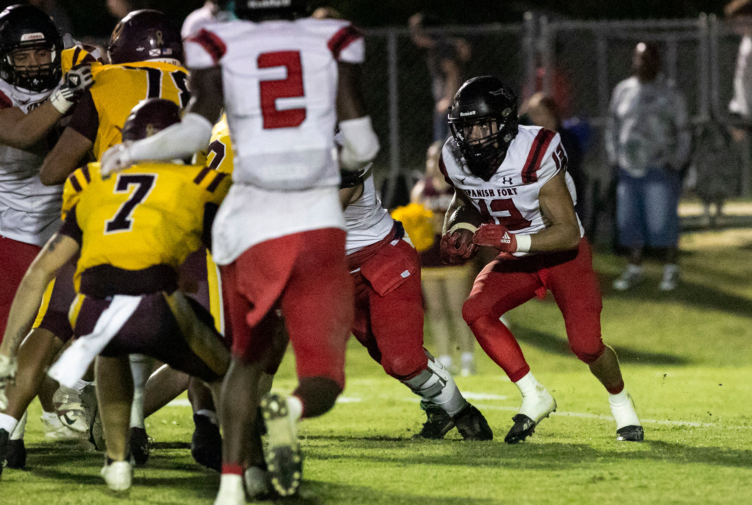 Toro running back Sawyer Wilson looks for running room during Spanish Fort’s 42-13 win over the Robertsdale Golden Bears on the road Friday night. Wilson ran for two touchdowns to help the visiting Toros emerge victoriously.