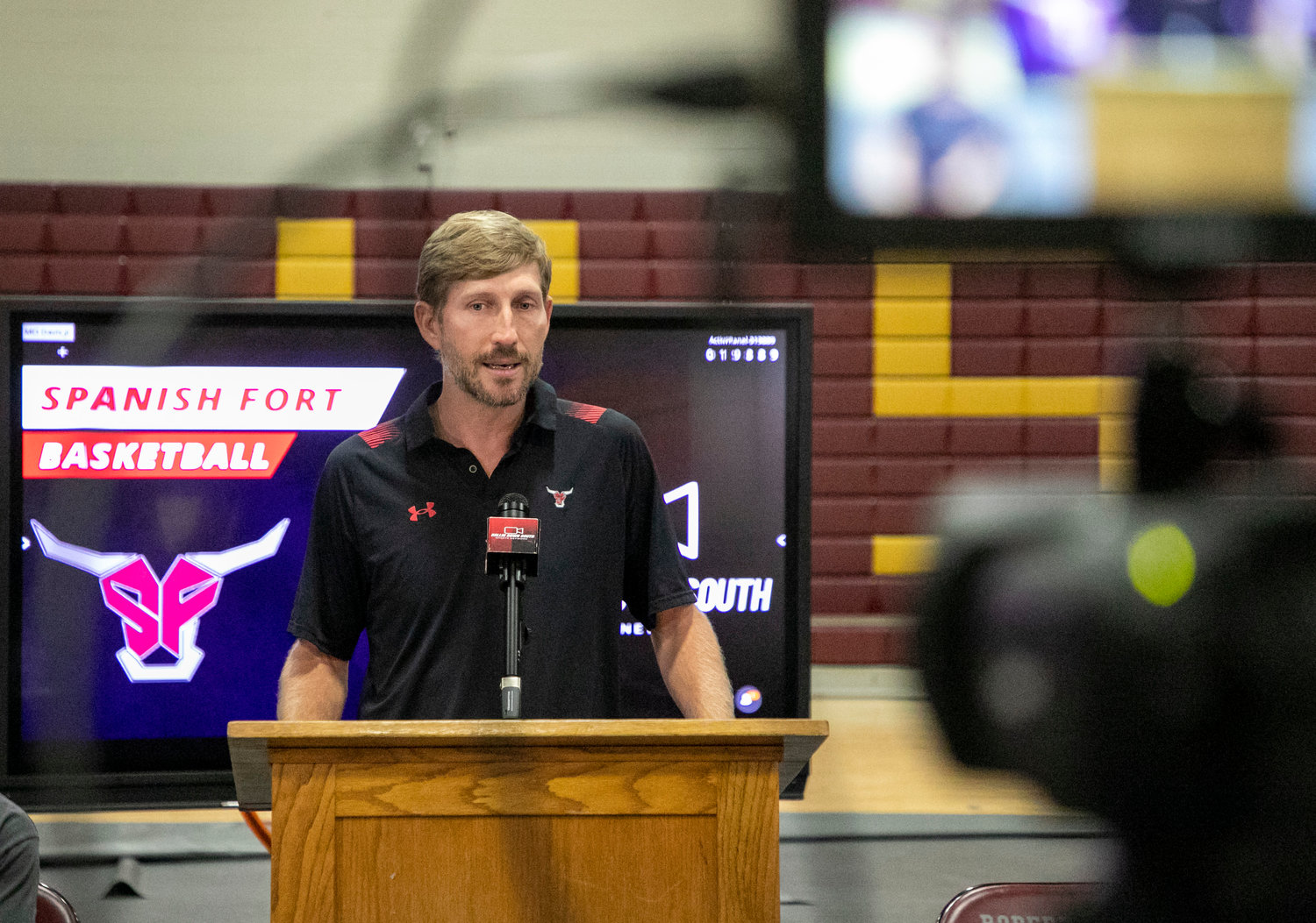 Spanish Fort head coach Jimbo Tolbert responds to a question during the basketball media day event hosted by the Ballin Down South Sports Network at Robertsdale High School Sunday, Oct. 16. Tolbert is entering his fifth year at the helm of the Toro program.