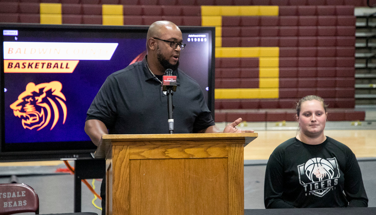 Head coach Brandon Hill and senior Ericka Hall represented the Baldwin County girls’ basketball squad at Sunday’s basketball media day at Robertsdale High School hosted by the Ballin Down South Sports Network.