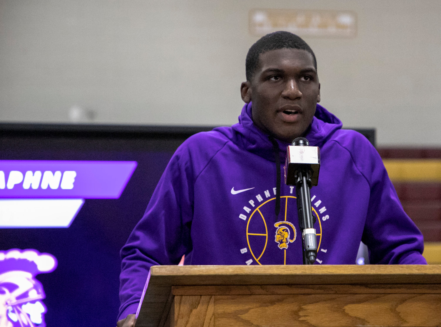 Daphne senior Donovan Wilson responds to a question during the media day event hosted by the Ballin Down South Sports Network at Robertsdale High School Sunday, Oct. 16. Wilson holds offers from Judson University and Huntingdon College.
