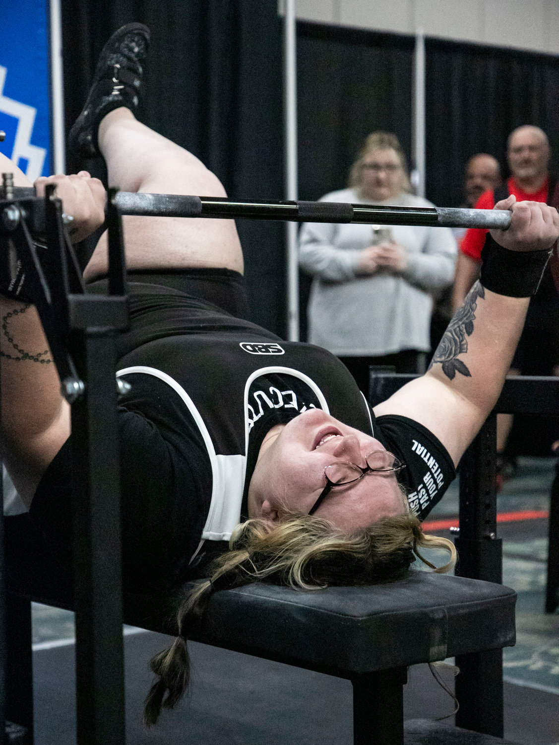 Taylor Castille reacts to her state record bench press of 248 pounds (112.5 kg) Sunday, Oct. 22, on the final day of lifting at the Orange Beach Event Center for the 2022 International Powerlifting League’s world championship meet.